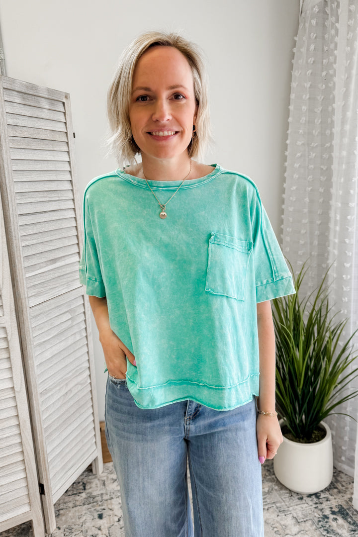 Women's oversized cropped boxy tee with front pocket aqua