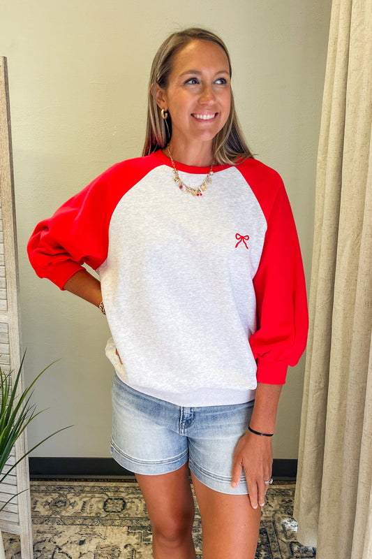 Women's oversized embroidered sweatshirt with raglan sleeves red embroidered bow