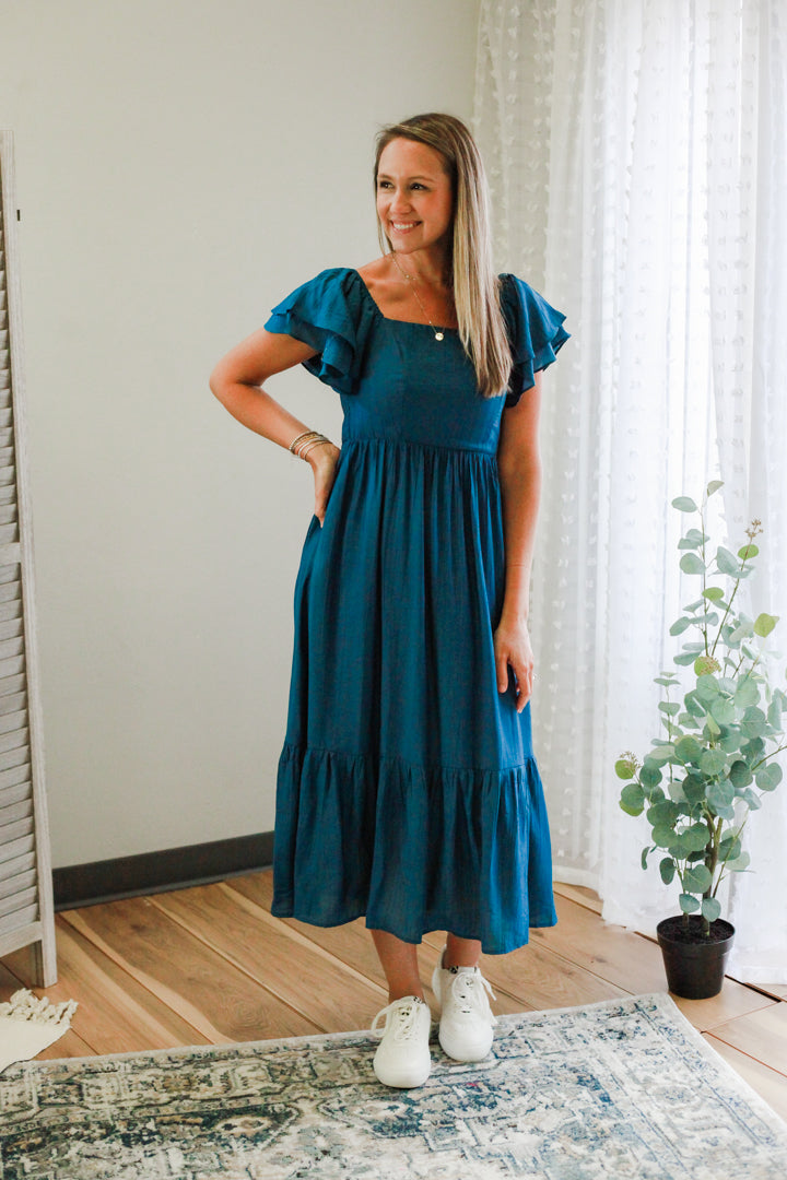 womend flutter sleeve teal midi dress square neck