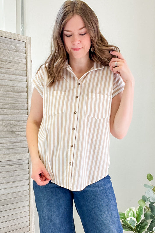 womens stripe khaki collar short sleeve shirt button up