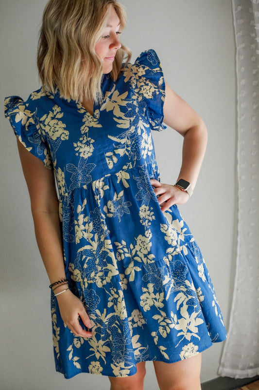 womens flutter sleeve blue floral tiered dress