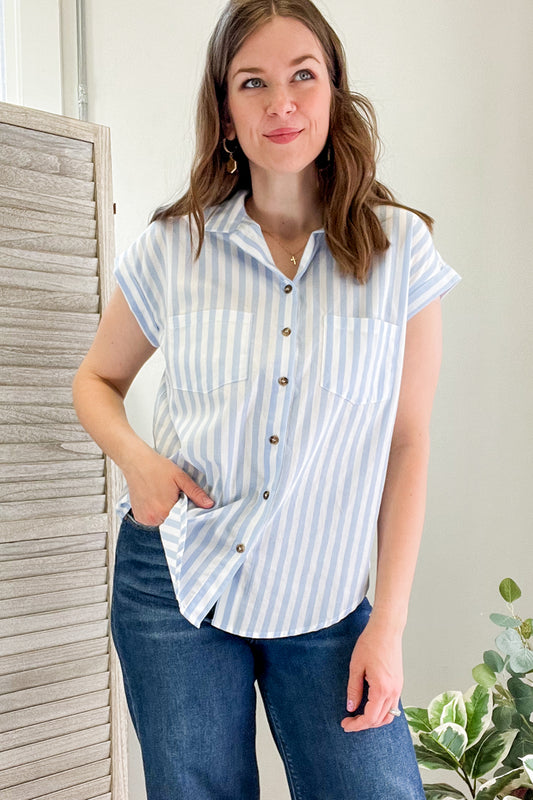 womens stripe blue collar short sleeve shirt button up