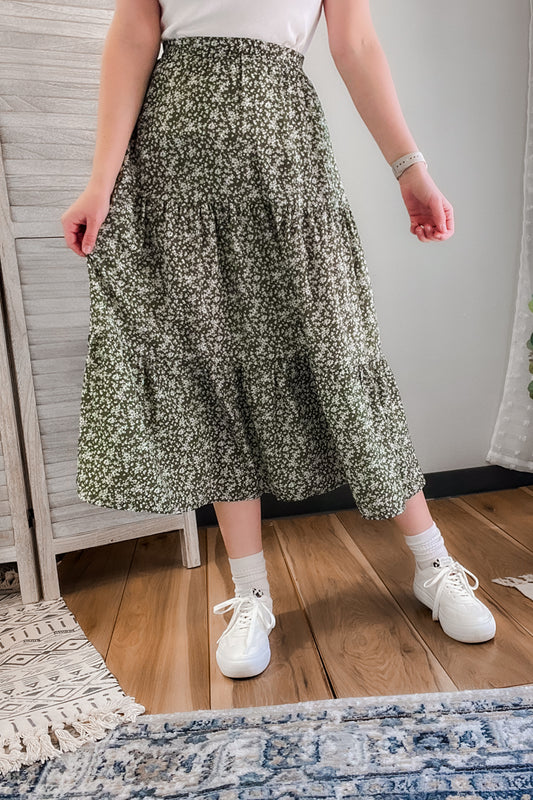 womens green floral tiered midi skirt