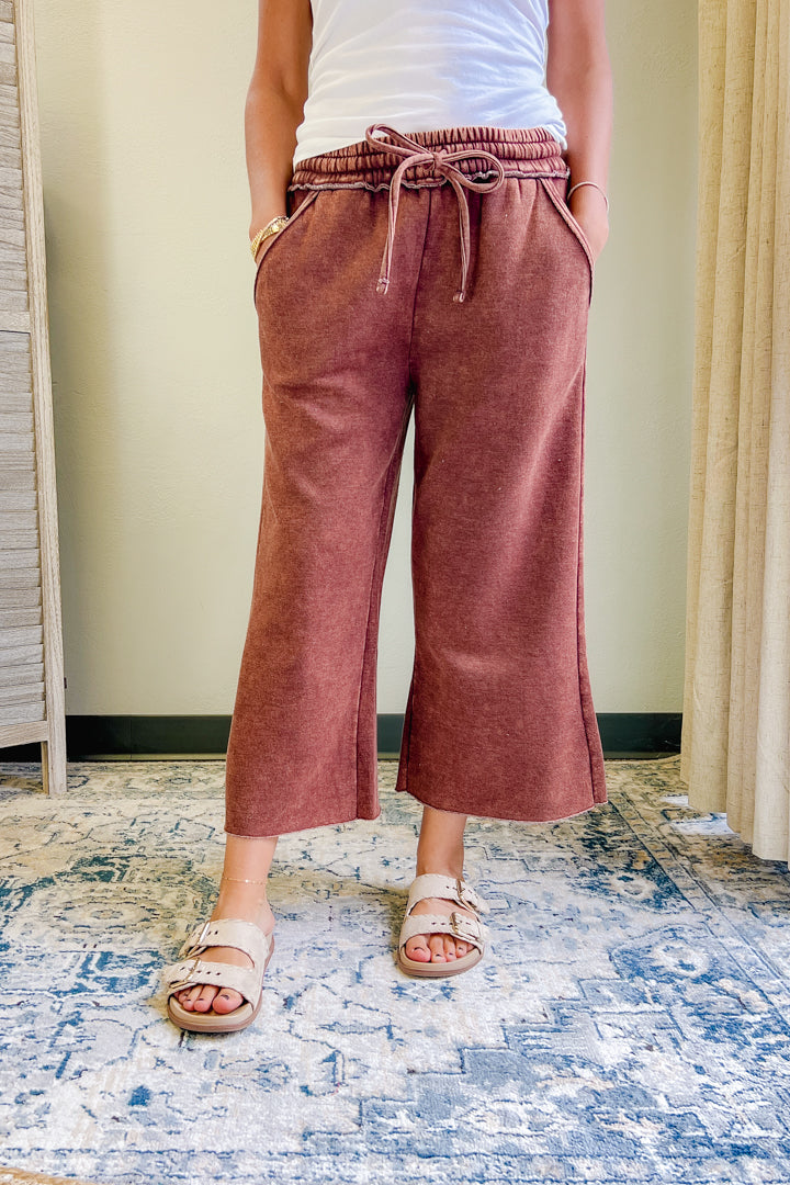 Women's acid washed fleece palazzo sweatpants brown