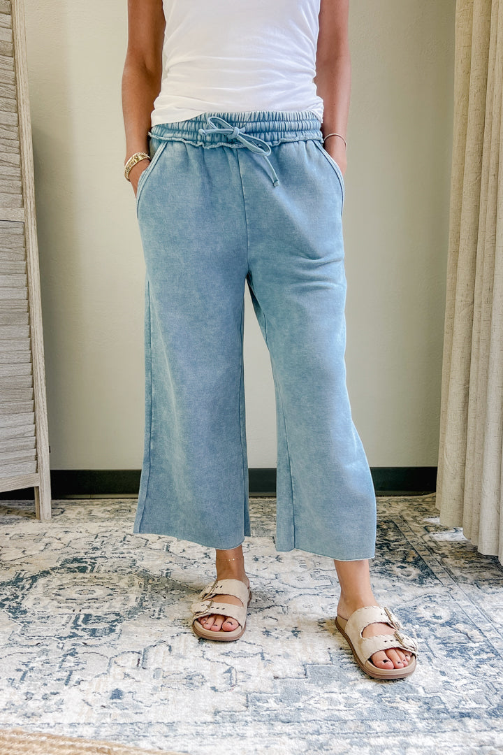 Women's acid washed fleece palazzo sweatpants blue