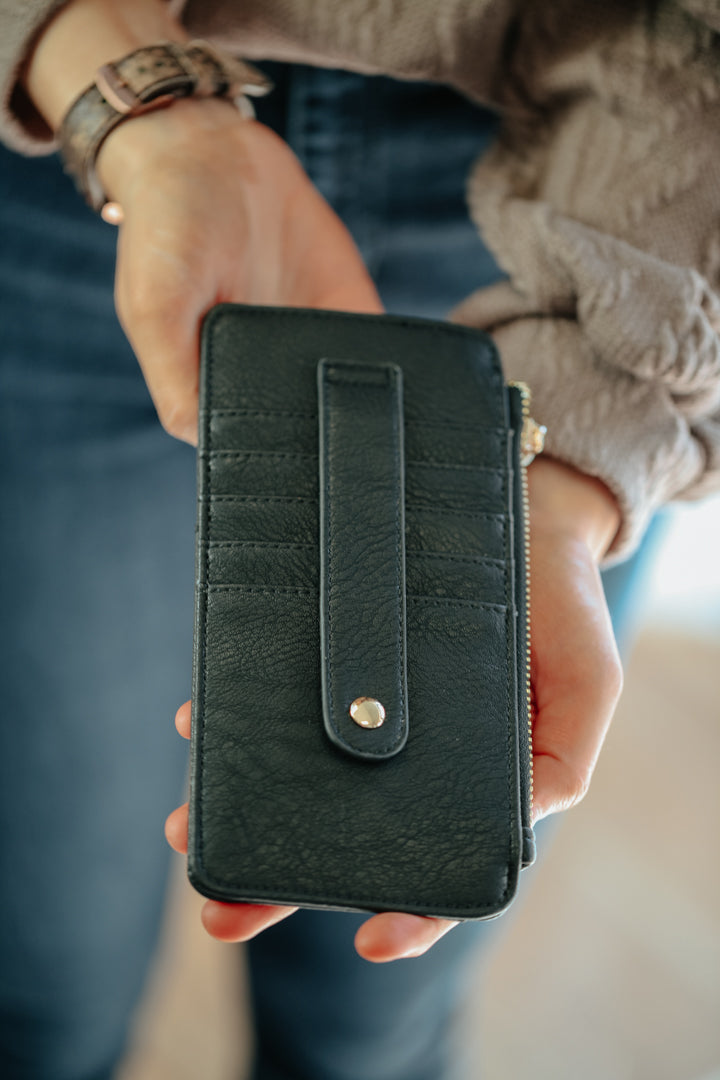 slim snap and zip card wallet black jen & co