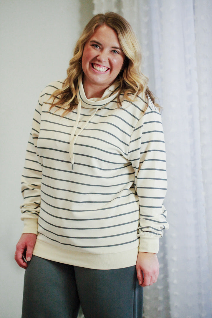 womens stripe cowl sweatshirt ivory grey soya concept