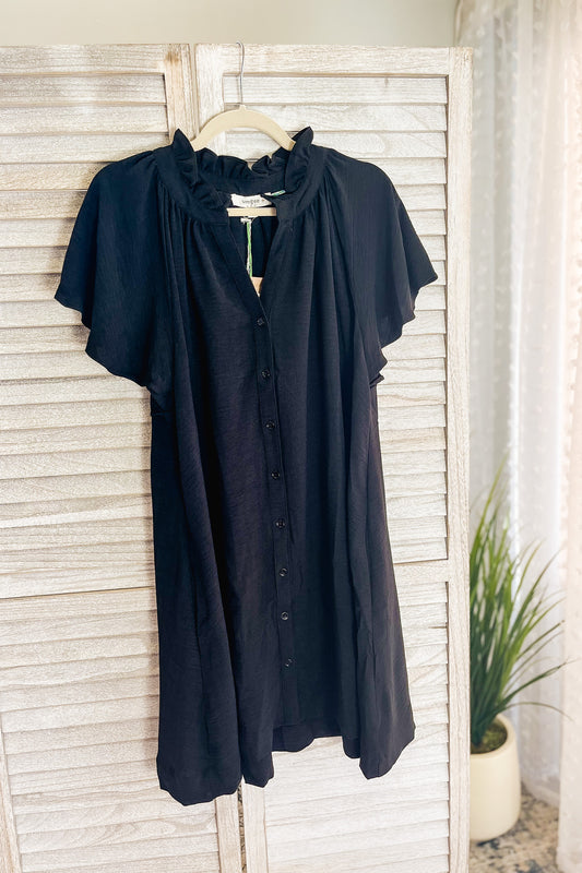 A-line, button down dress with ruffle sleeves for curvy women black