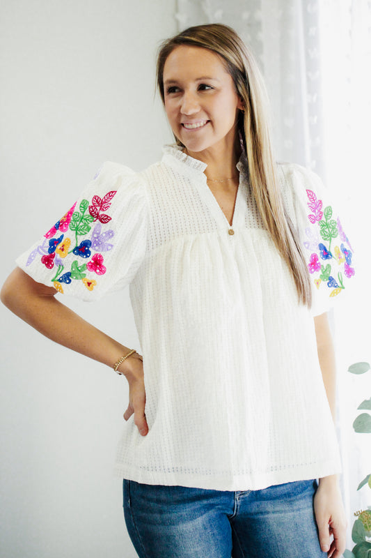 womens puff sleeve white embroidered floral blouse v-neck