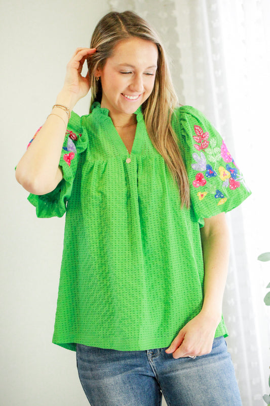 womens puff sleeve green embroidered floral blouse v-neck