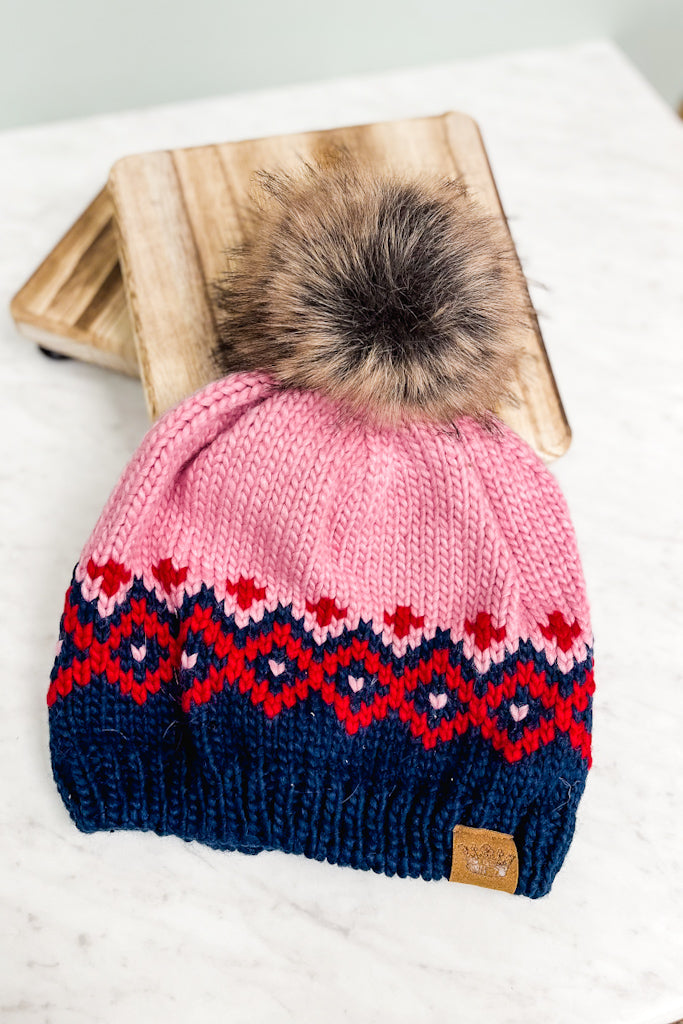 Pink, Navy & Red Pom Hat