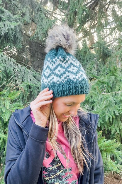 Teal & White Pom Hat