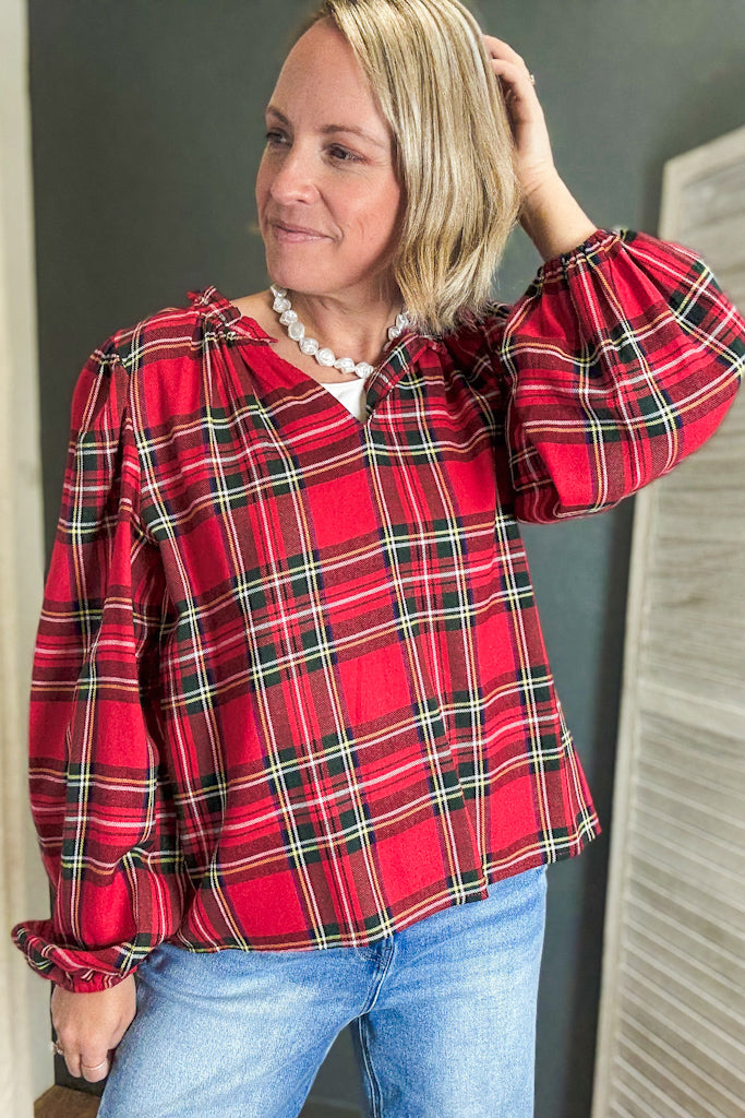 Plaid Balloon Sleeve Top