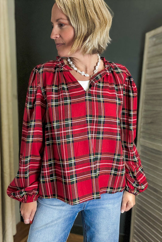 Plaid Balloon Sleeve Top