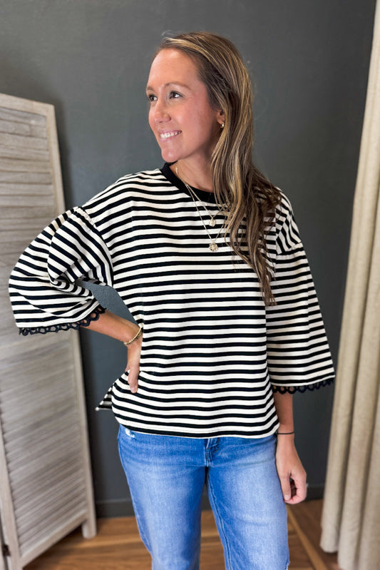Lace Trim Striped Top