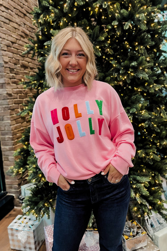 womens varsity patch holly jolly christmas sweatshirt crewneck pink