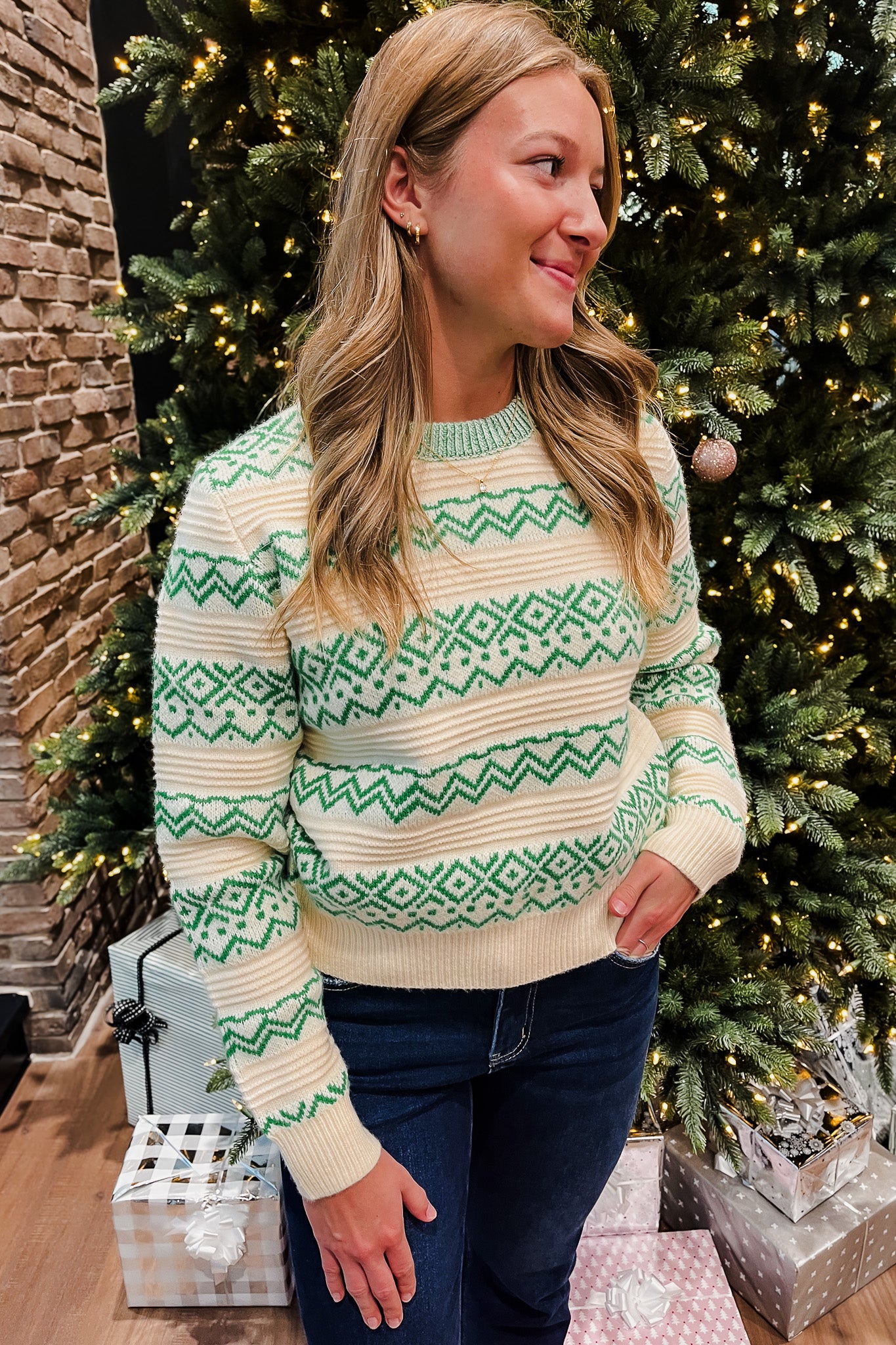 womens fair isle christmas crew neck sweater green