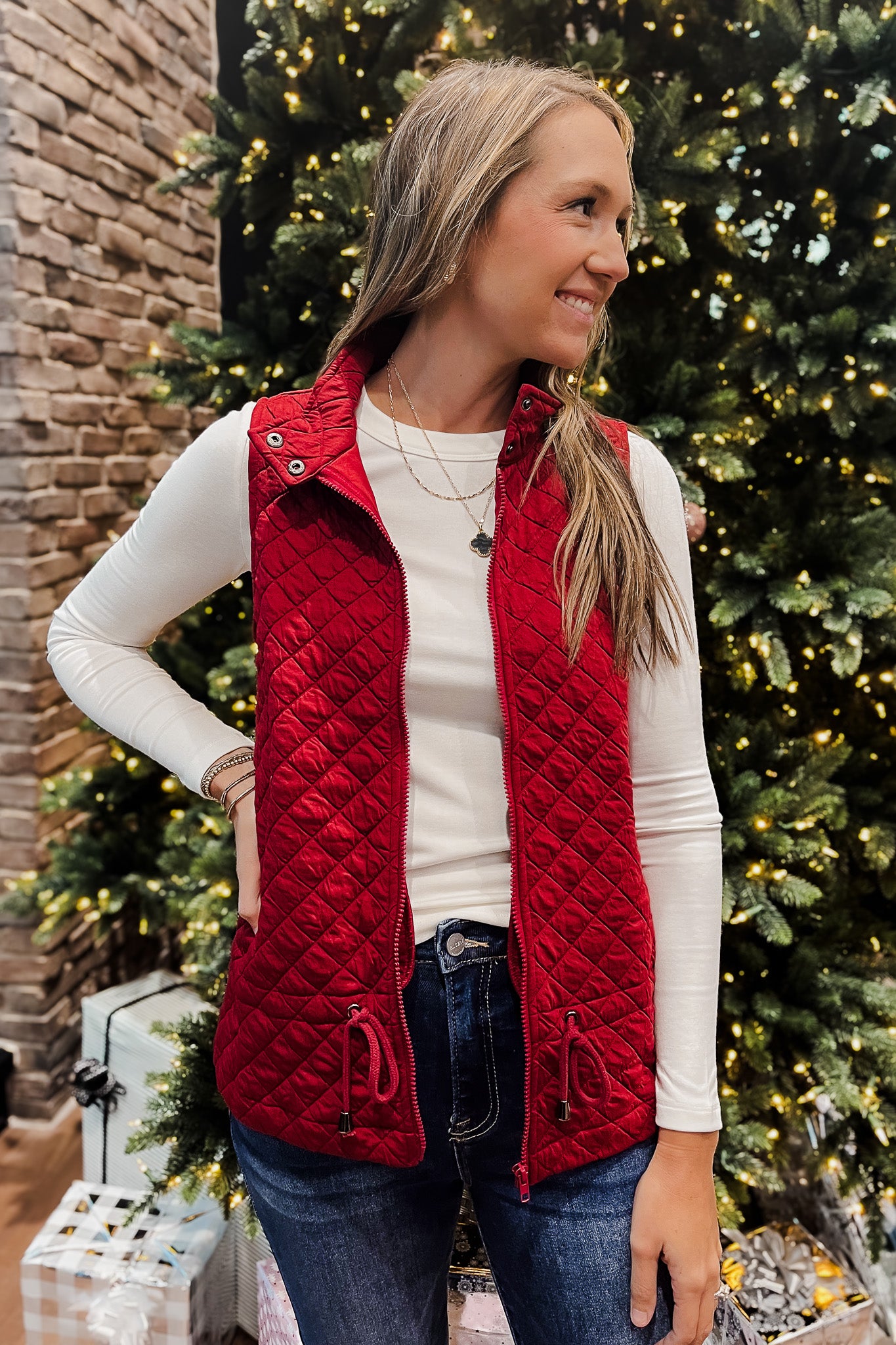 womens red textured drawstring zip front vest holiday christmas