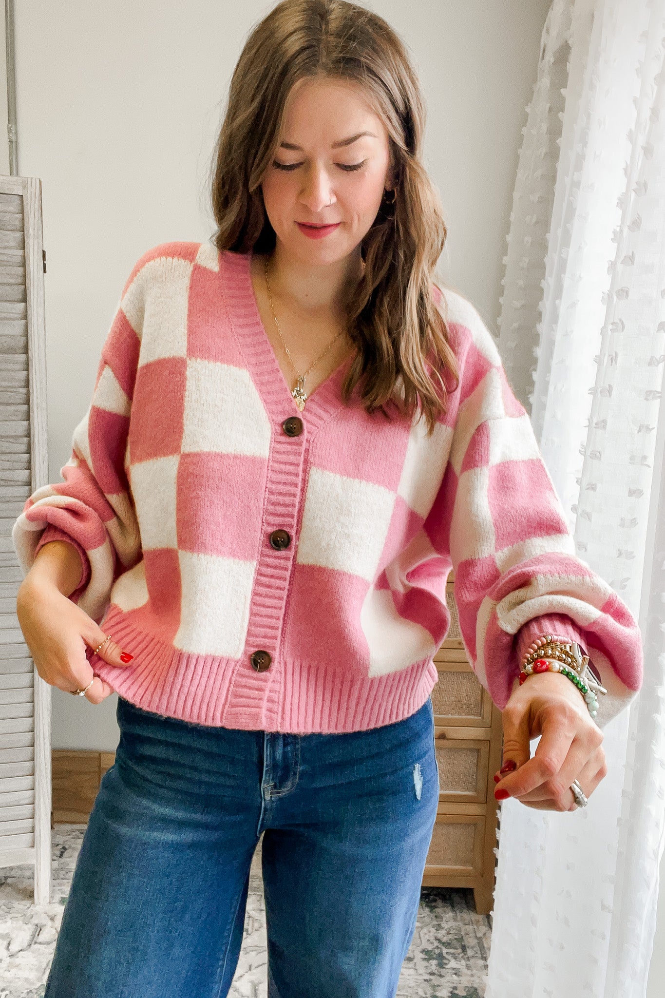 womens checker print knit button cardigan pink white