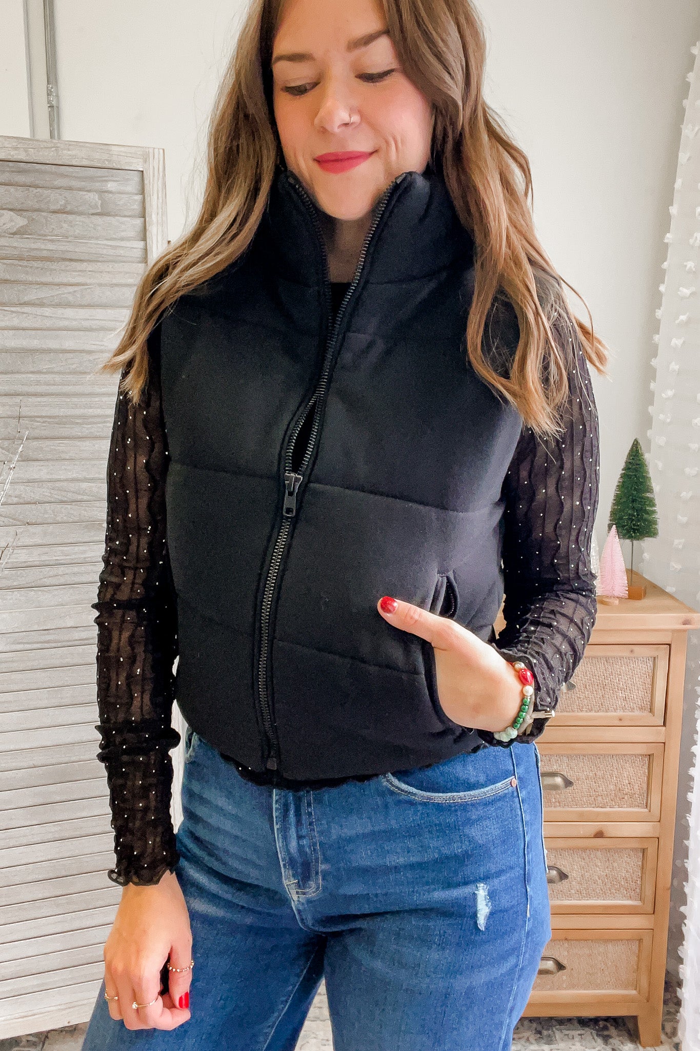 womens knit quilted vest zipper black