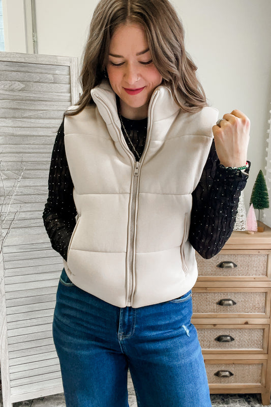 womens knit quilted vest zipper ivory