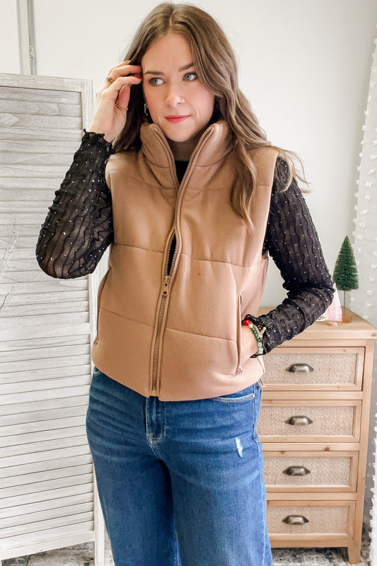 womens knit quilted vest zipper camel brown