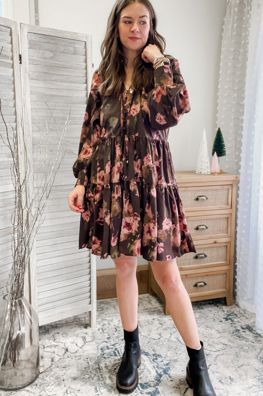 womens brown tiered floral dress long sleeve