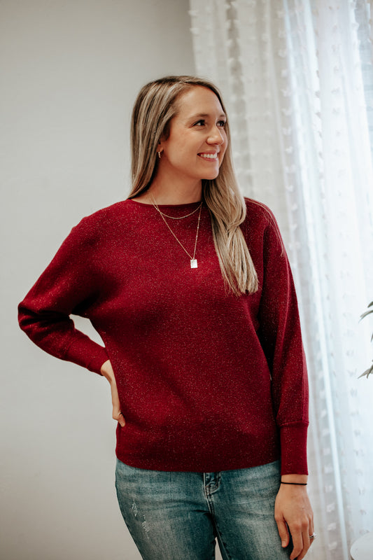 womens burgundy red metallic knit dolman sweater