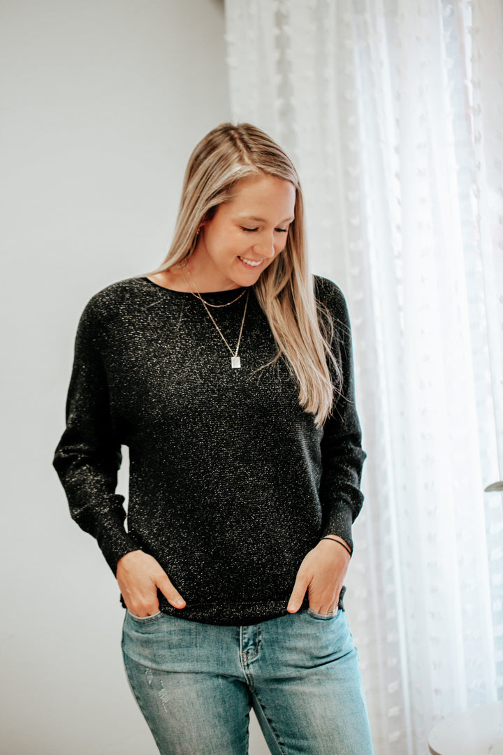 womens black metallic knit dolman sweater