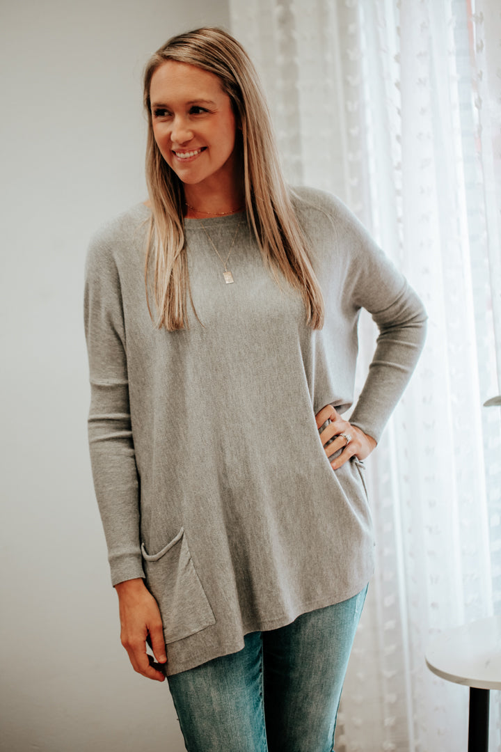 womens knit long sleeve tunic sweater pockets round neck grey