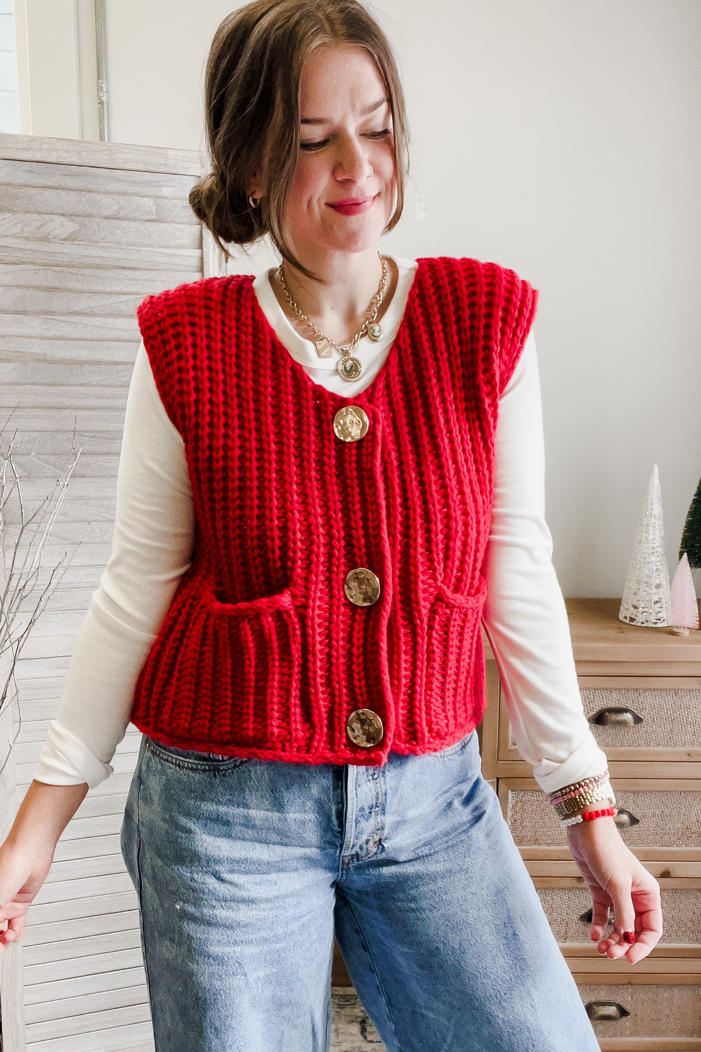 womens chunky knit gold button sweater vest red