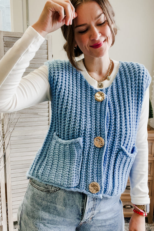 womens chunky knit gold button sweater vest blue