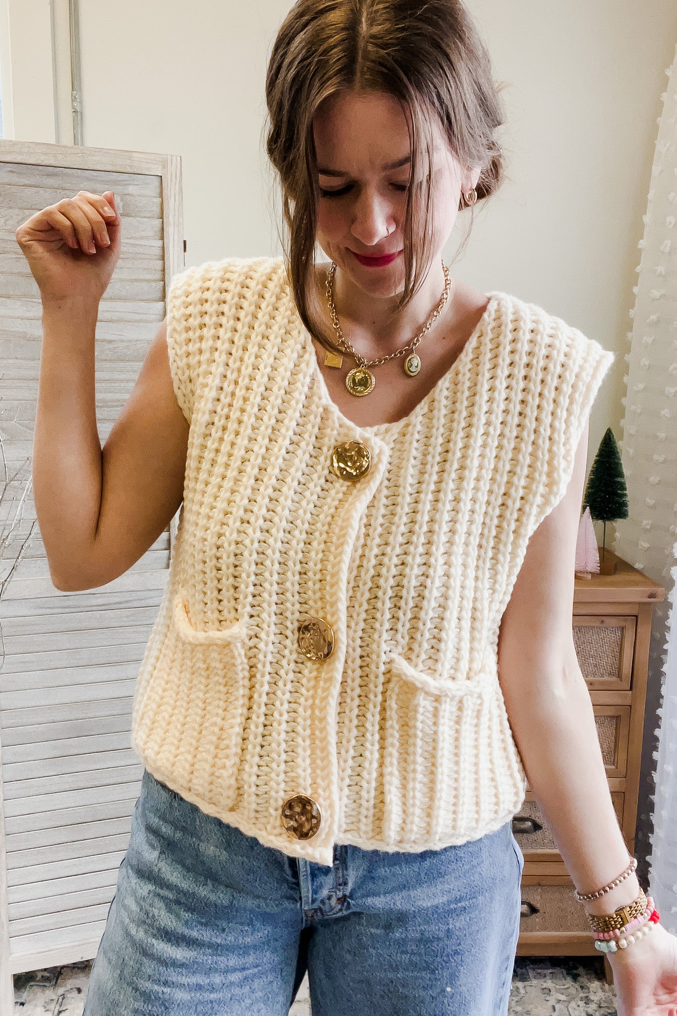 womens chunky knit gold button sweater vest ivory