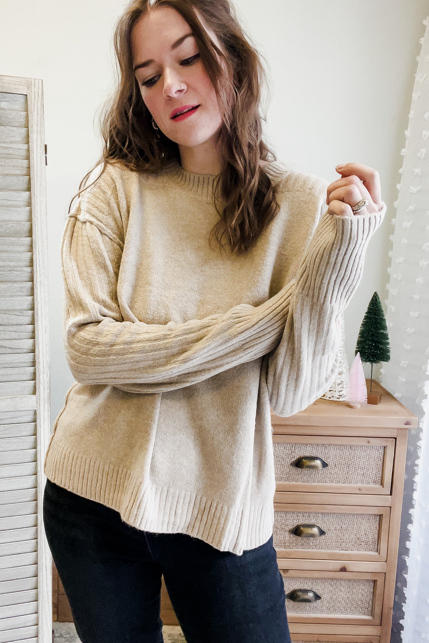 womens soft knit drop shoulder beige sweater fall