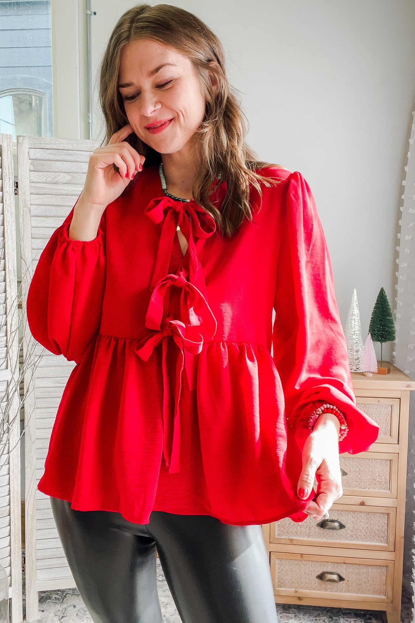 womens bright red bow peplum blouse christmas holiday