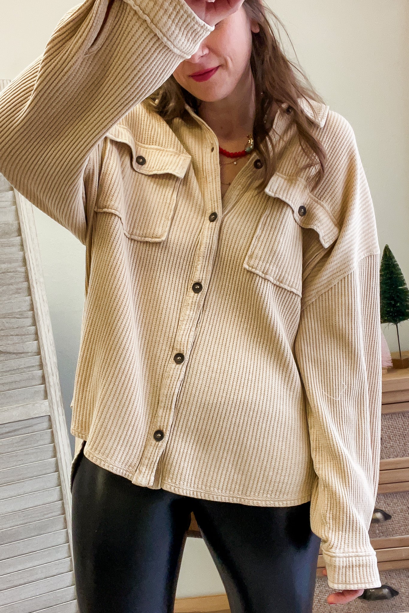 womens waffle knit beige shacket