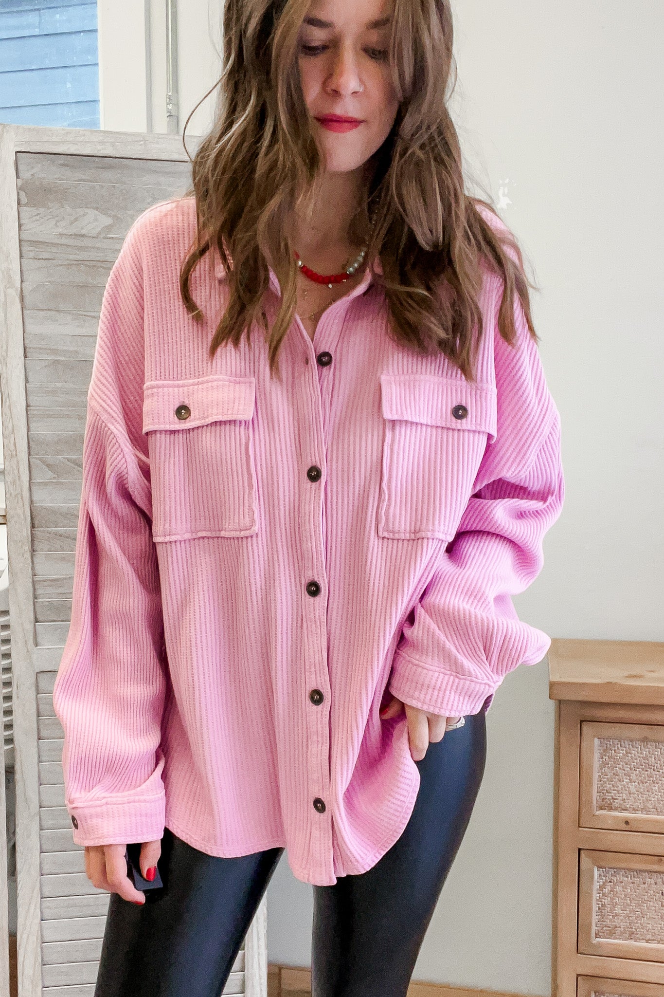 womens waffle knit pink shacket