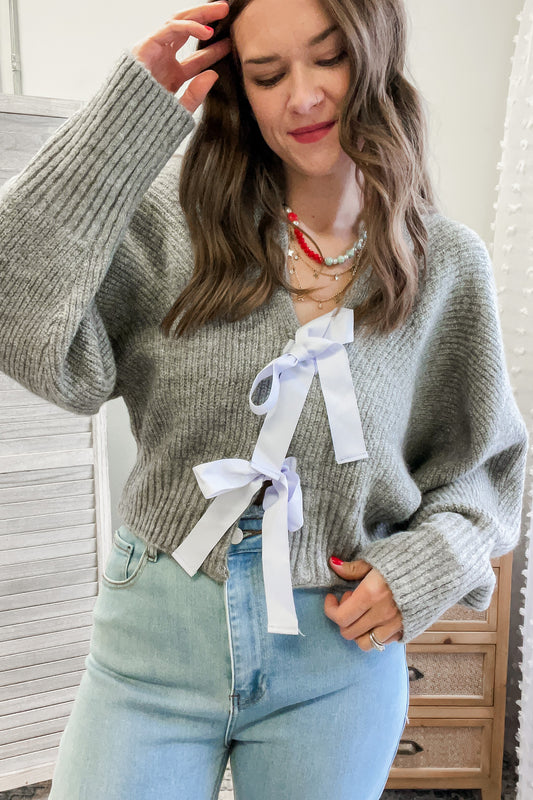 womens grey blue bow knit sweater