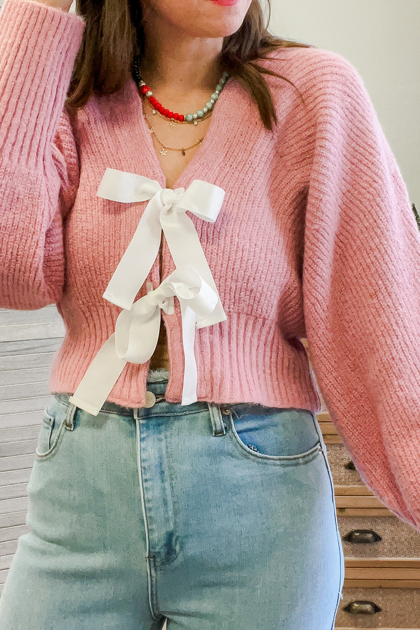 womens pink white bow knit sweater