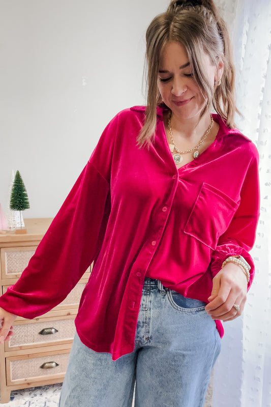 womens bright pink velvet collar button shirt long sleeve