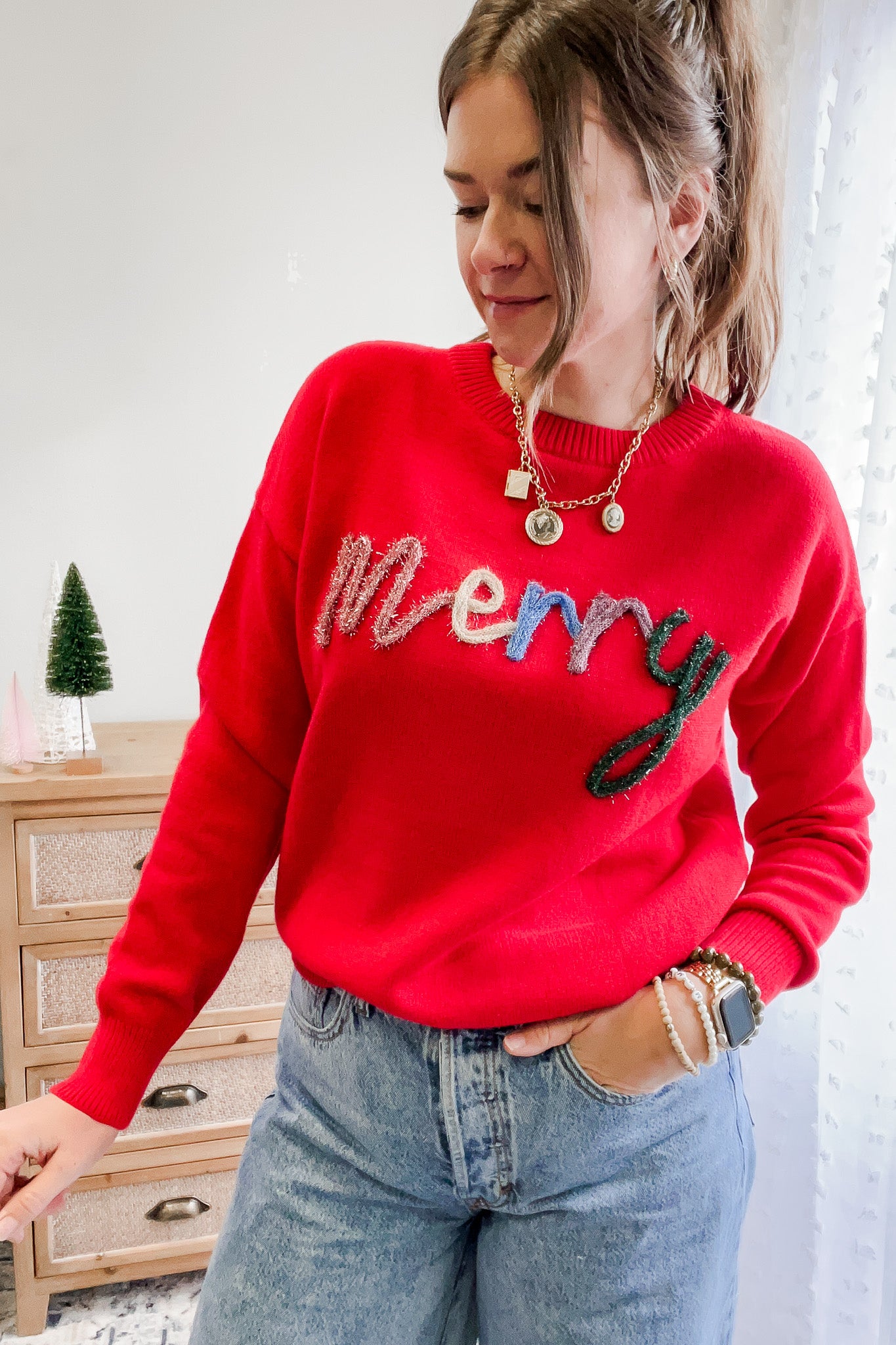 womens red tinsel merry sweater christmas crew neck long sleeve