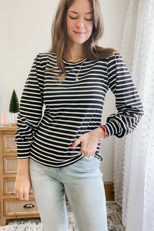 womens stripe puff sleeve top black white