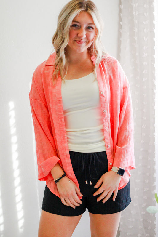 womens coral pink button collar shirt wide sleeve beachy gauze shirt