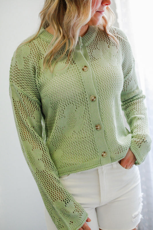 womens sage green knit flower button cardigan sweater 