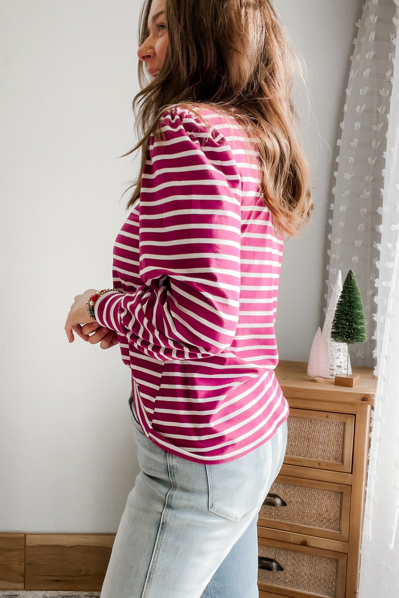 Striped Balloon Sleeve Top