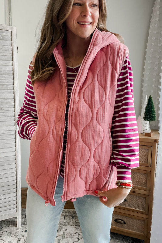 womens quilted hooded vest pink