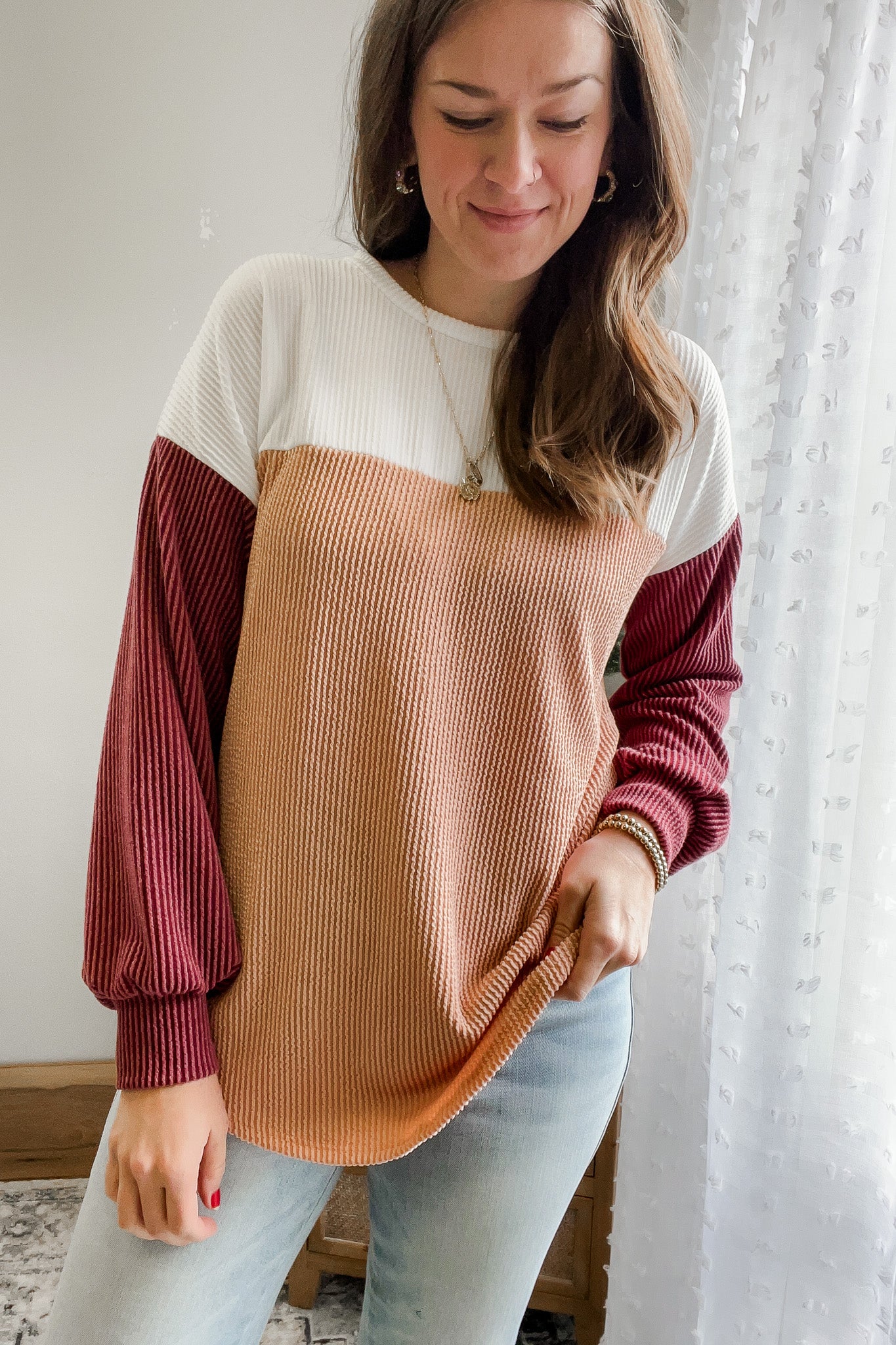 womens color block rib knit balloon sleeve casual fall top