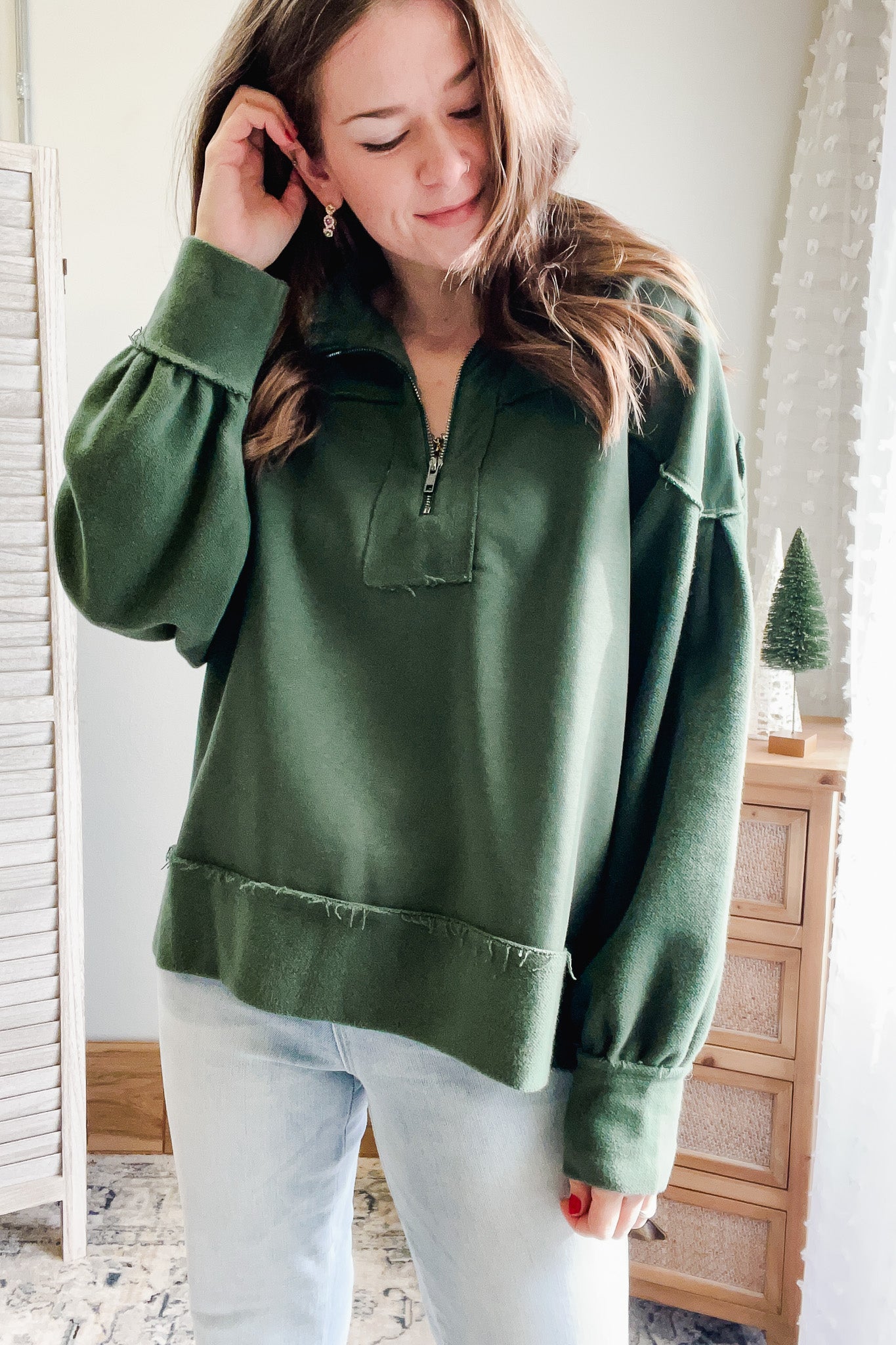 womens hunter green half zip sweatshirt collar fall winter christmas