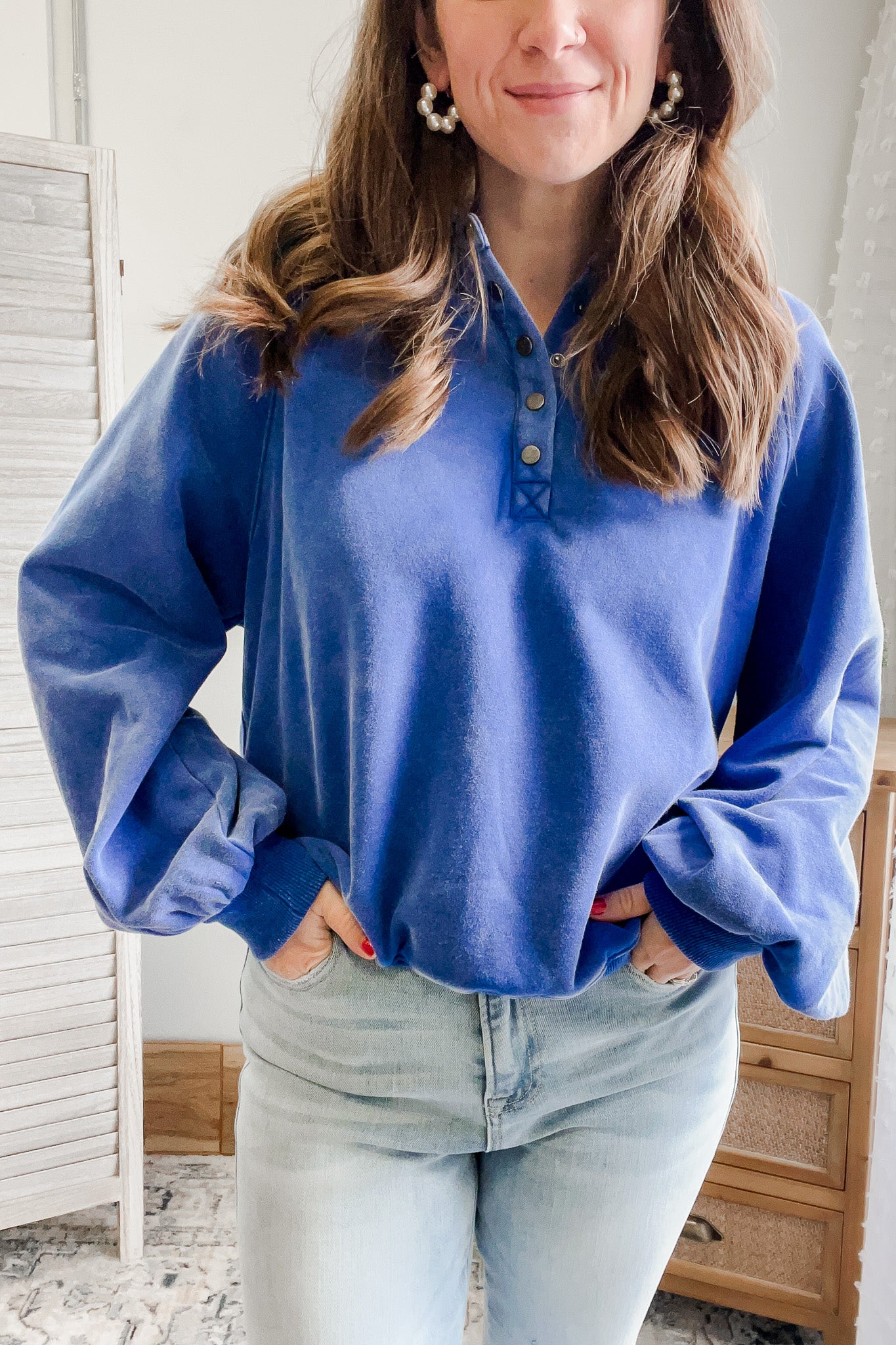 womens royal blue snap oversize sweatshirt