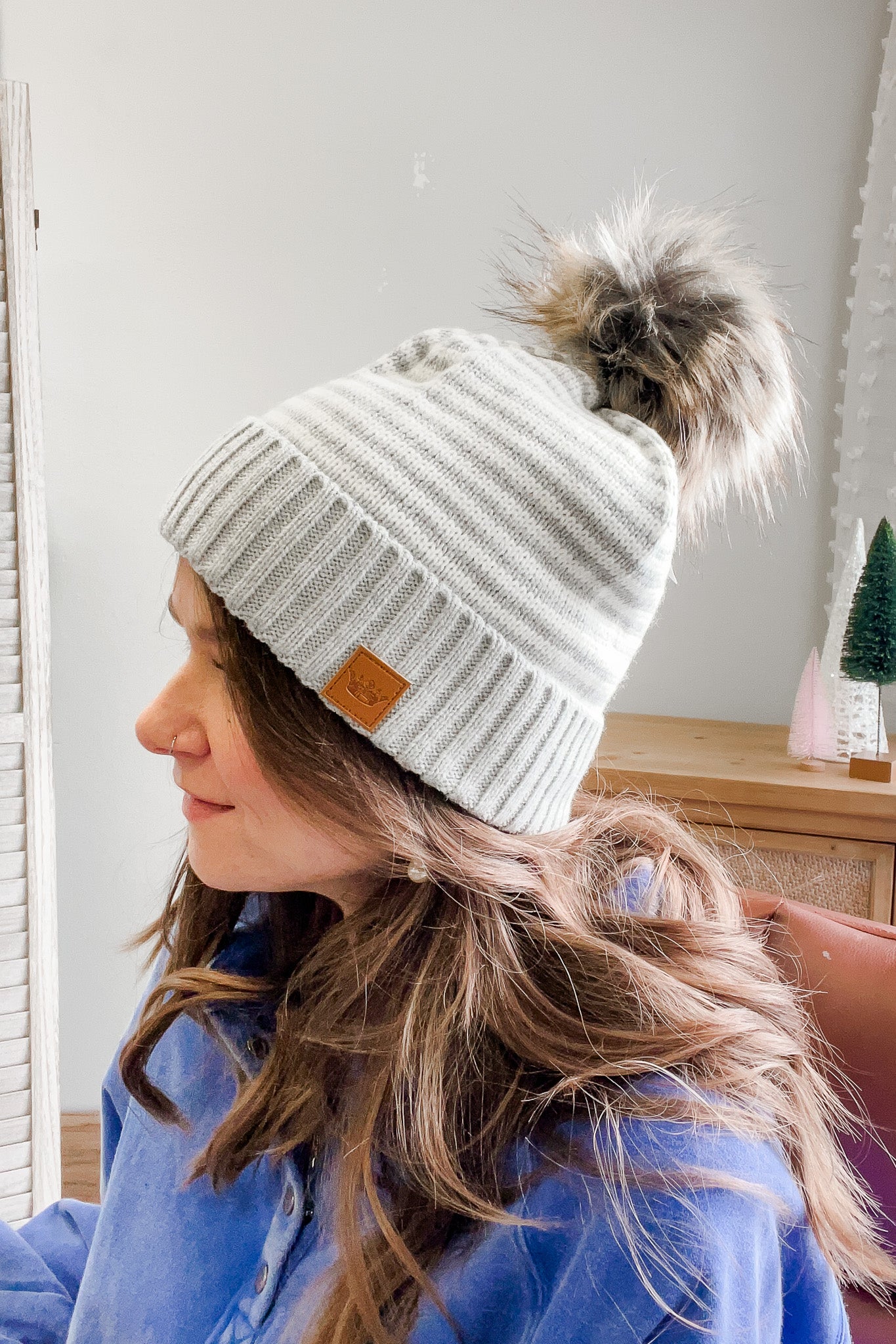 Gray & White Pom Hat